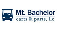 Mtbachelorlogo_200xb Logo for Mt. Bachelor carts & parts, llc Blue and white golf cart icon to the left with Mt. Bachelor then a line and carts & parts, llc below