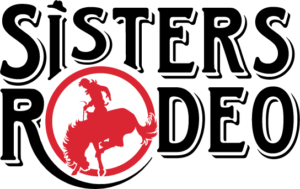 sisters rodeo black text with red horse rider in a circle